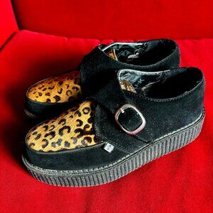 T.U.K. Black and Leopard Monk Buckle Round Toe Creeper